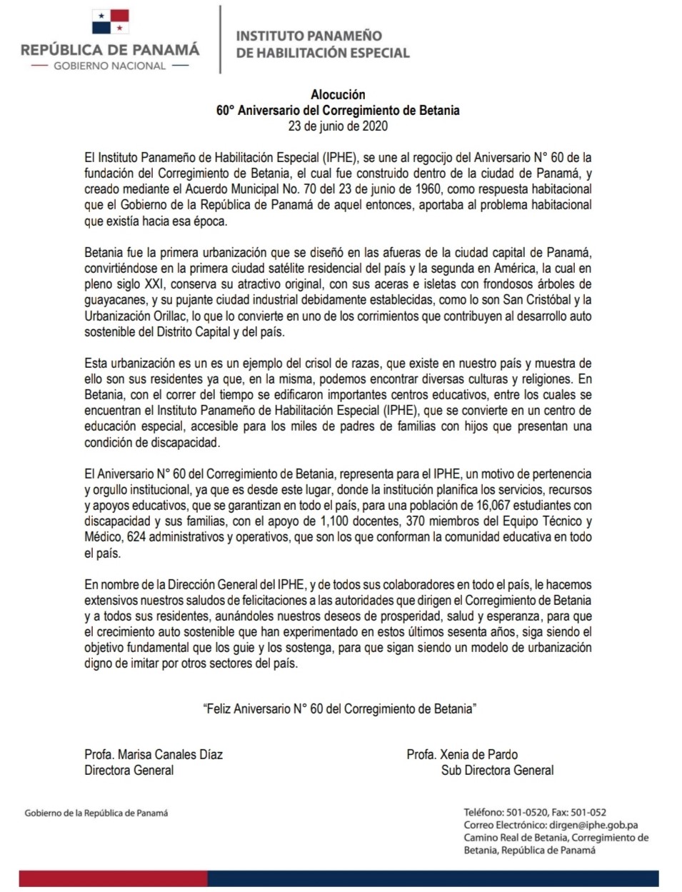 Alocución 60° Aniversario del Corregimiento de Betania 23 de junio de 2020