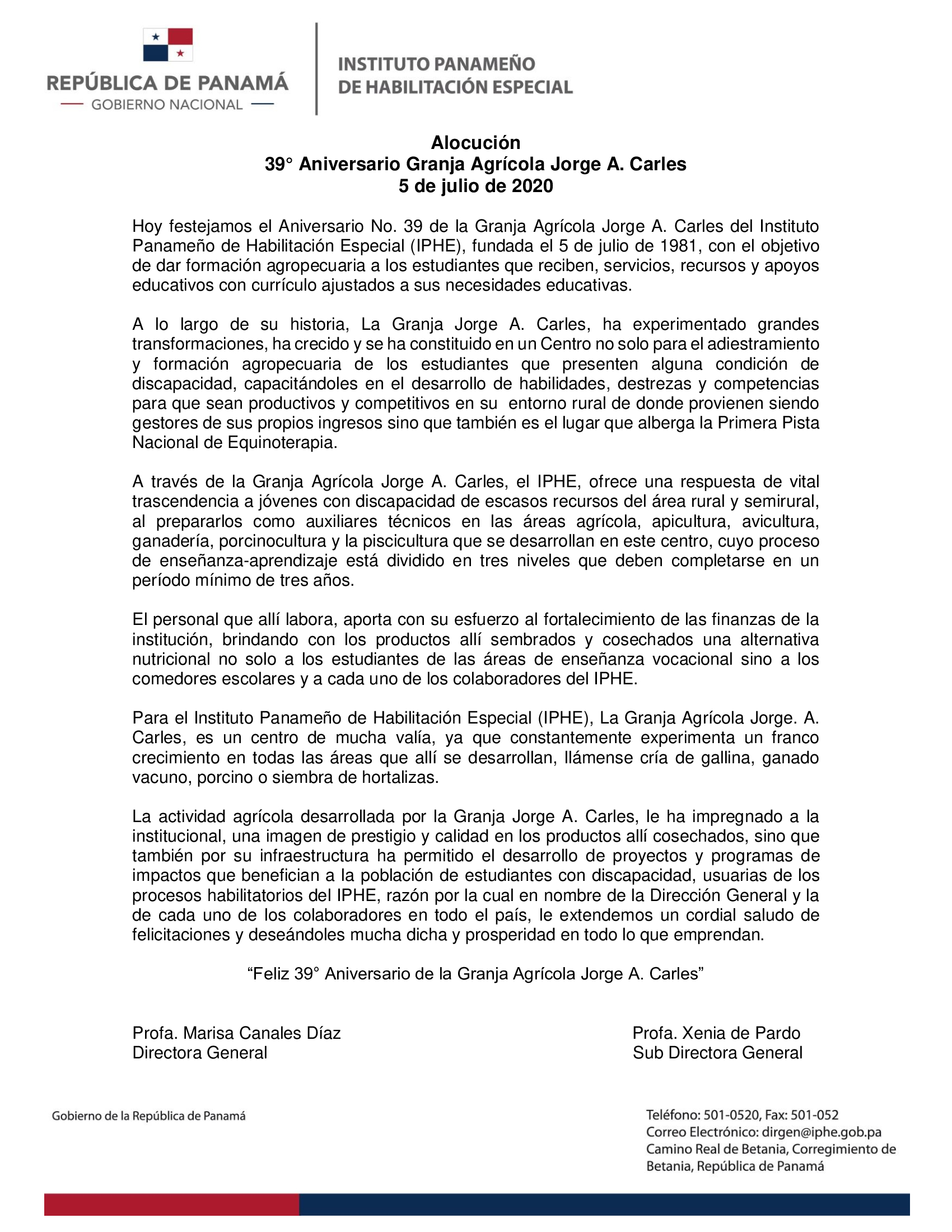 Alocución 39° Aniversario Granja Agrícola Jorge A. Carles 5 de julio de 2020