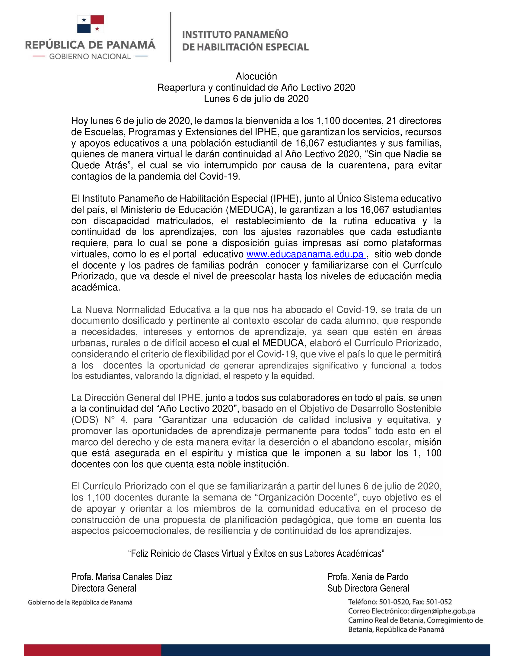 Alocución Reapertura y continuidad de Año Lectivo 2020 Lunes 6 de julio de 2020