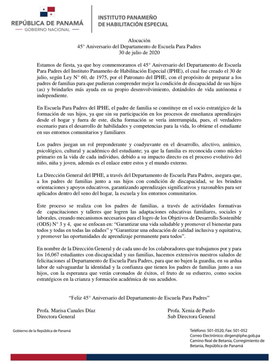 Alocución 45° Aniversario del Departamento de Escuela Para Padres 30 de julio de 2020 