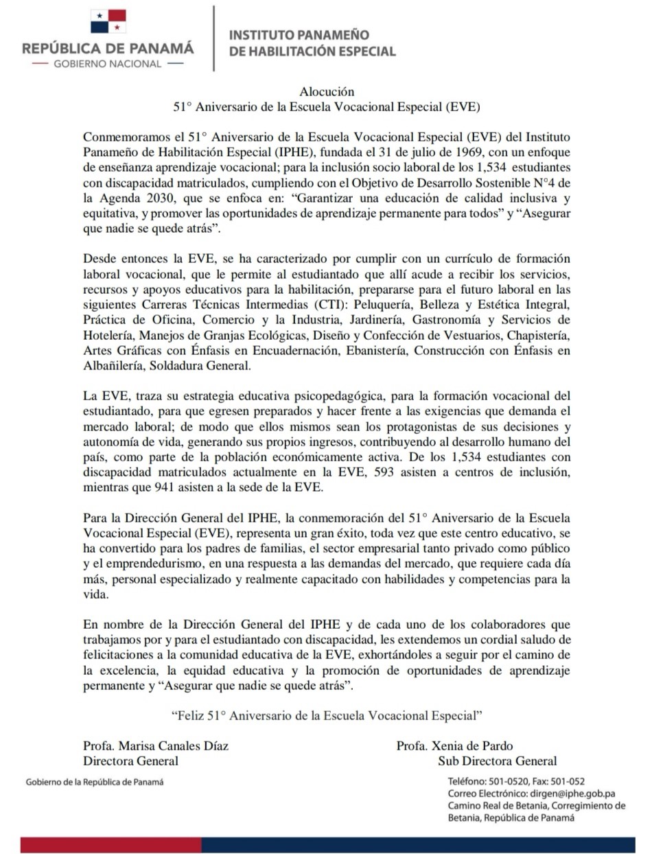 Alocución 51° Aniversario de la Escuela Vocacional Especial (EVE)