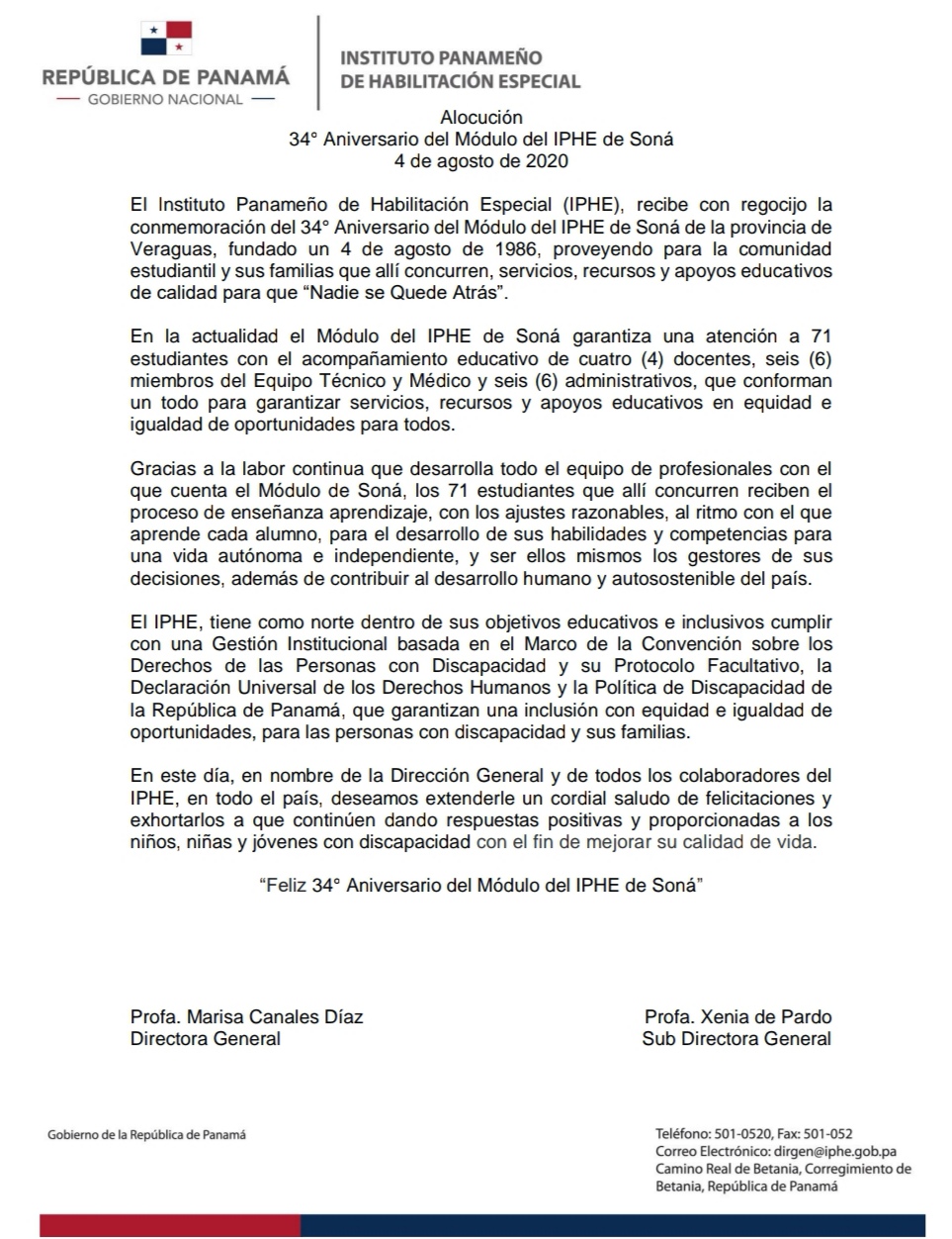 Alocución  34° Aniversario del Módulo del IPHE de Soná  4 de agosto de 2020
