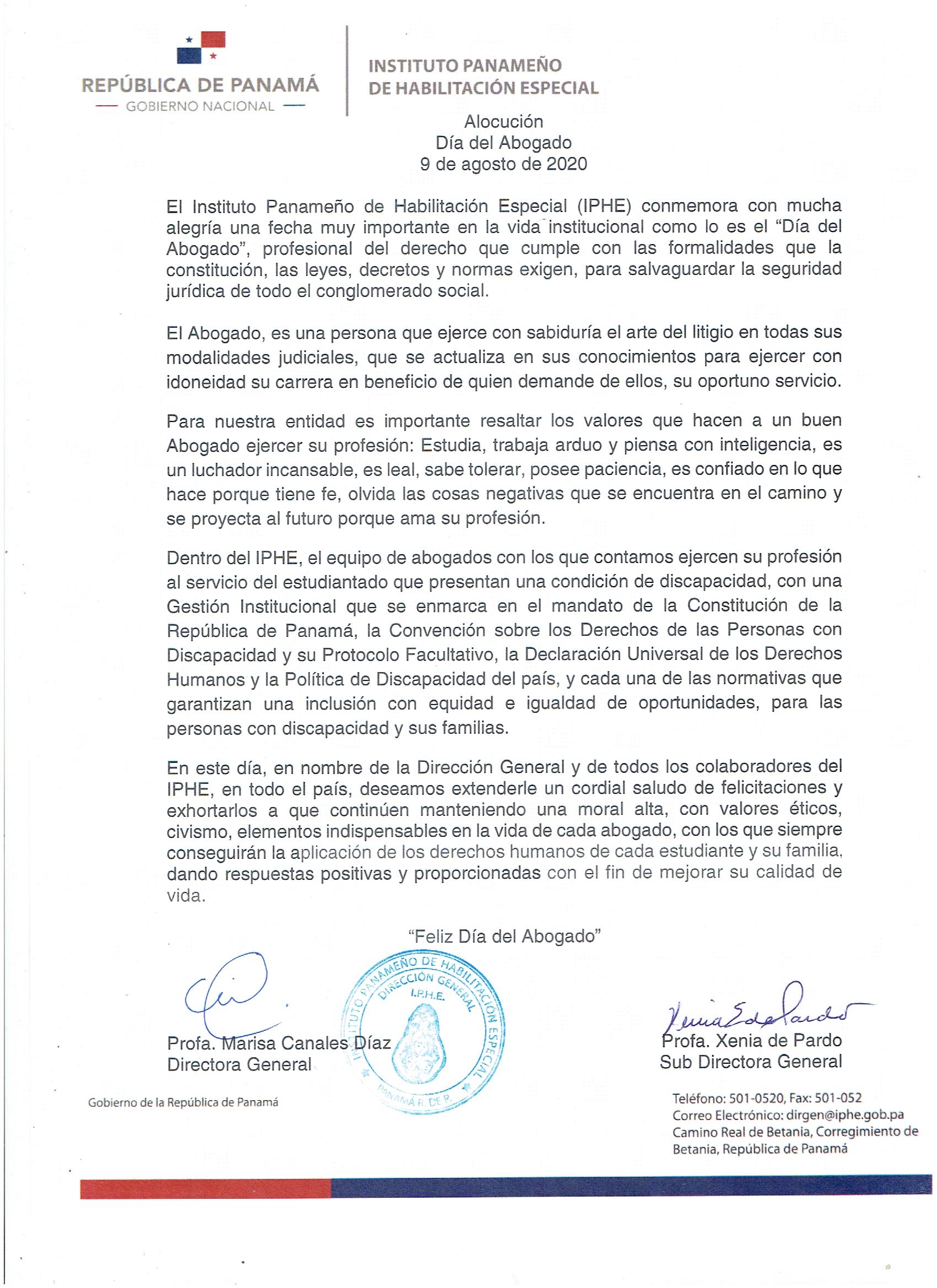 Alocución  Día del Abogado 9 de agosto de 2020