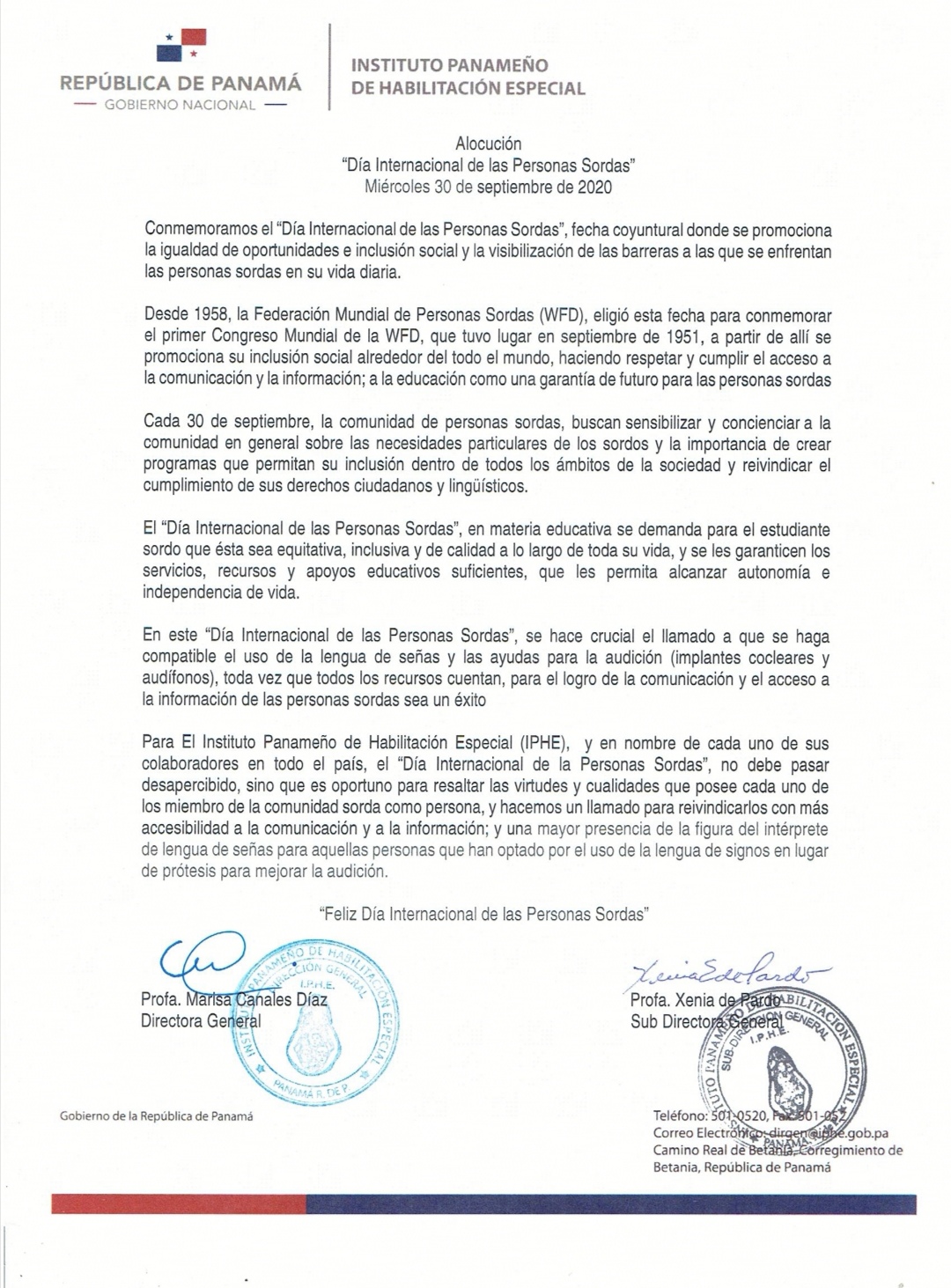 Alocución Día Internacional de las Personas Sordas 30 de septiembre de 2020