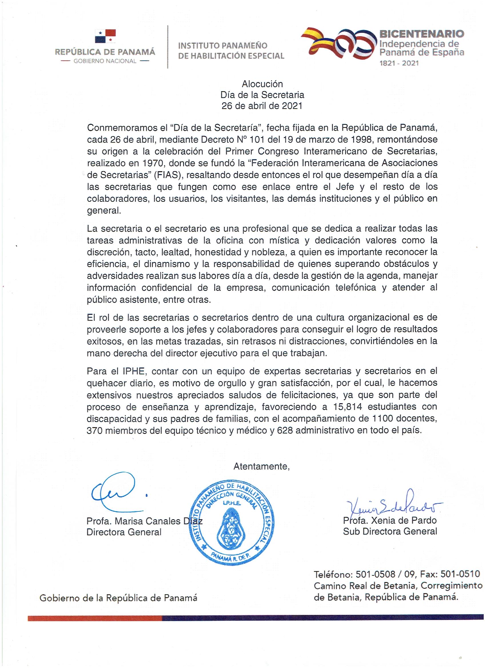 Alocución Día de la Secretaría 26 de abril de 2021