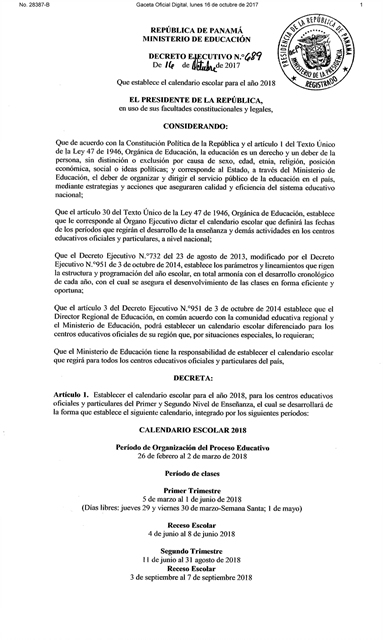 Anuncian calendario para el año escolar 2018